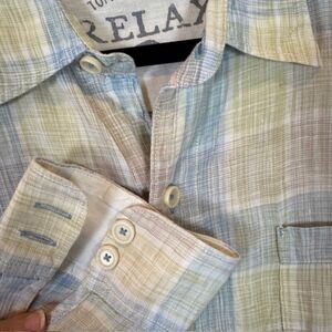 Tommy Bahama Linen Button Front Contrast Cuff Blue Yellow Pastel Size Large